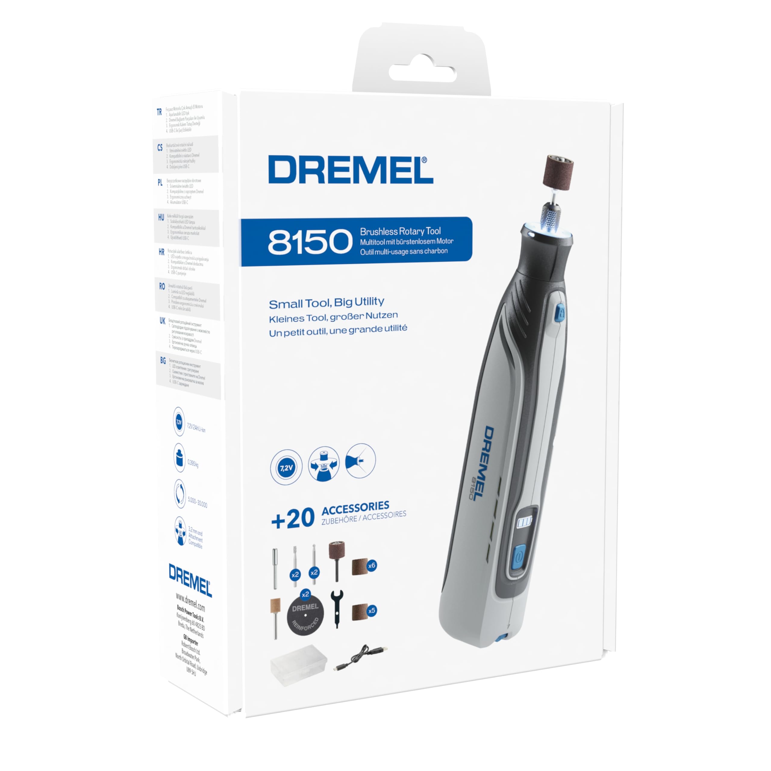 Dremel 8150 Kit utensile rotativo brushless a batteria ricaricabile tramite USB-C da 7,2 V 2Ah, 20 accessori, velocità variabile da 5.000 a 30.000 giri/min, taglio, levigatura, intaglio, smerigliatura