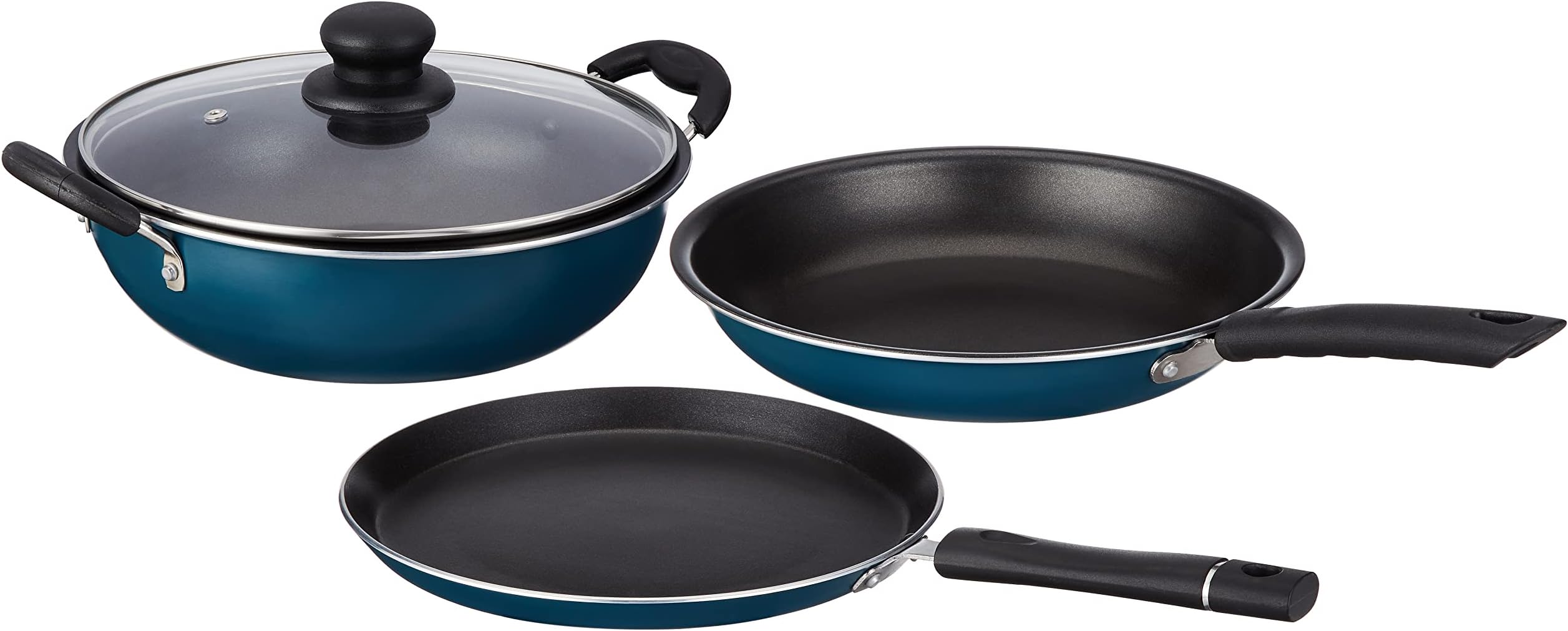 Amazon Brand - Solimo Aluminium โ 3 Pcs Non Stick Cookware Sets, Tawa 25 Cm, Kadhai 24 Cm with Glass Lid, Fry Pan 24 Cm (Peacock Green)
