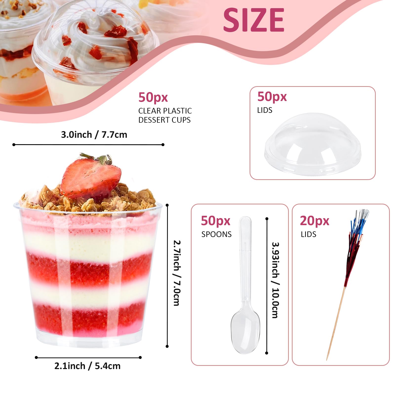 50 Vasos de Postre Transparentes Redondos 200ml con Tapas, Cucharas y 20 Adornos de Chispas - Reutilizables para Pudín, Mousse, Helado, Fiestas