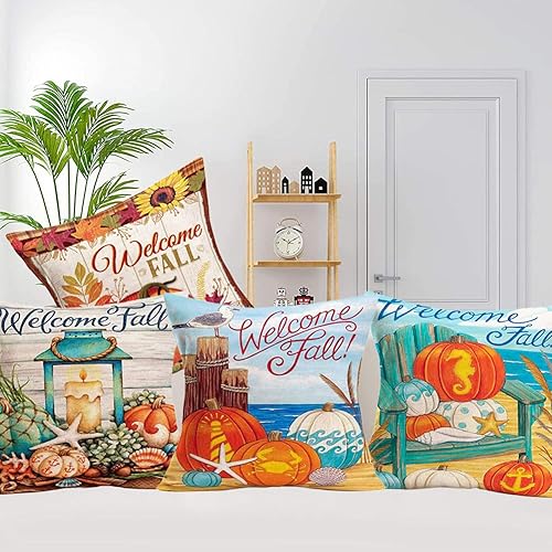 Miniatura 3 de 4 fundas de almohada de otoño de bienvenida, decoración de otoño, decoración costera de playa, estrella de mar, calabaza, granja, decoración de
