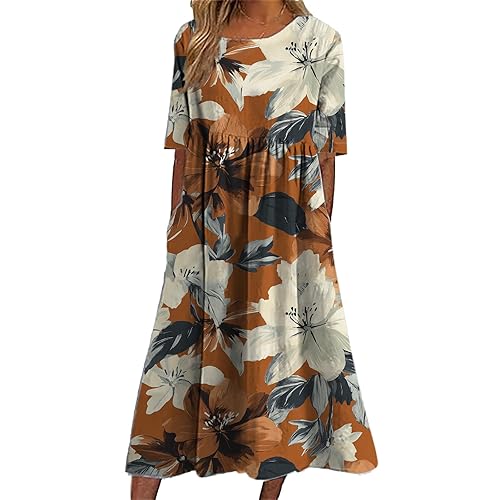 Womens Boho Floral Midi Dress Plus Size Short Sleeve Crew