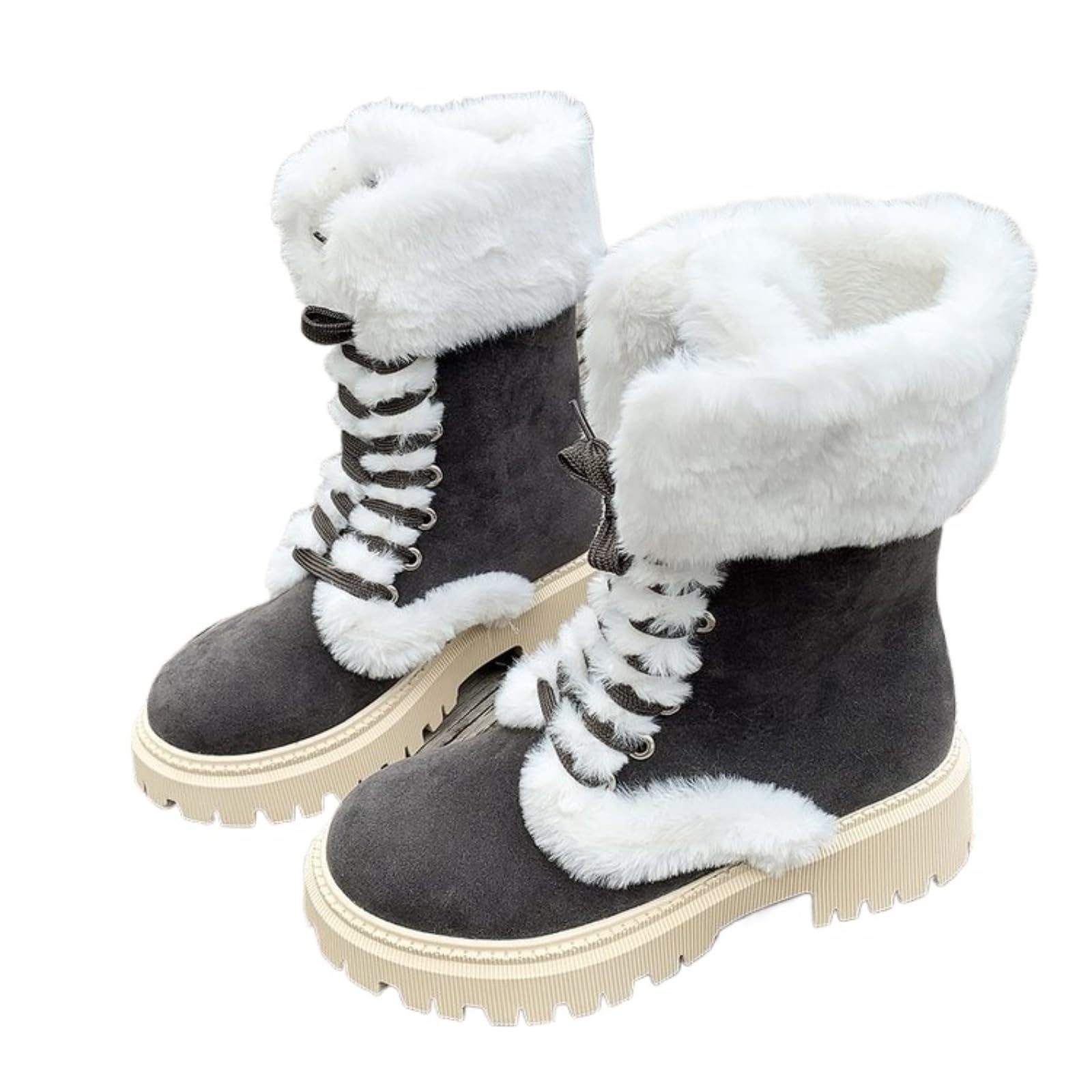 Womens Winter Snow Boots with Fur Lining Chunky Heel Lace-Up Mid Calf Boots for Warmth and Comfort Grey