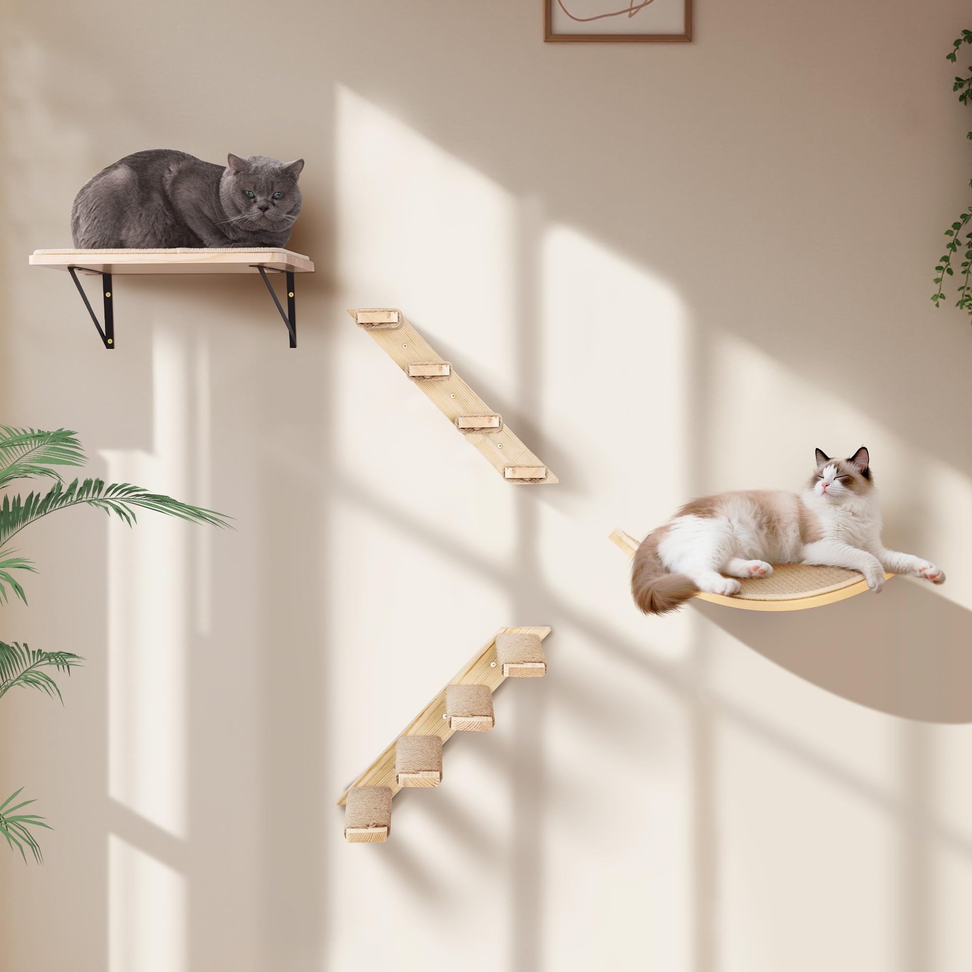 Gatos Escalada Pared Escalera Gato Juego de Pared con 2 Niveles Plataformas Cuadradas y Curvadas, Muebles de Pared de Madera para Gato Montado en Pared Juego para Escalar Jugar Dormir
