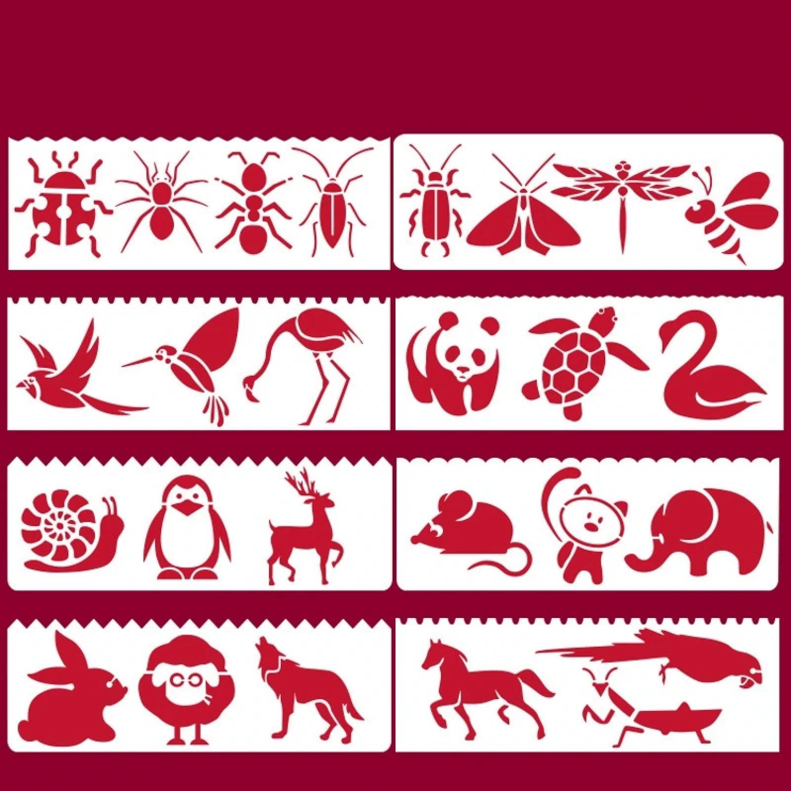 Lot de 8 pochoirs pour peinture, 17 x 6 cm, animaux, oiseaux, insectes, pour peinture sur bois, mur, toile, tissu, roche, panneaux, projets artistiques de bricolage, décoration d'intérieur
