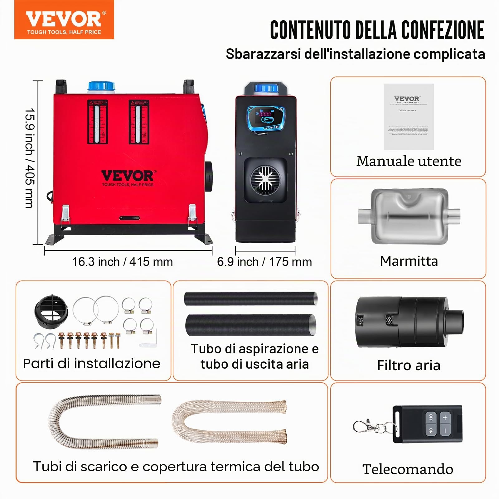 VEVOR scaldabagno diesel 12V 8kW riscaldamento aria 0,18-0,48 cm per auto camper