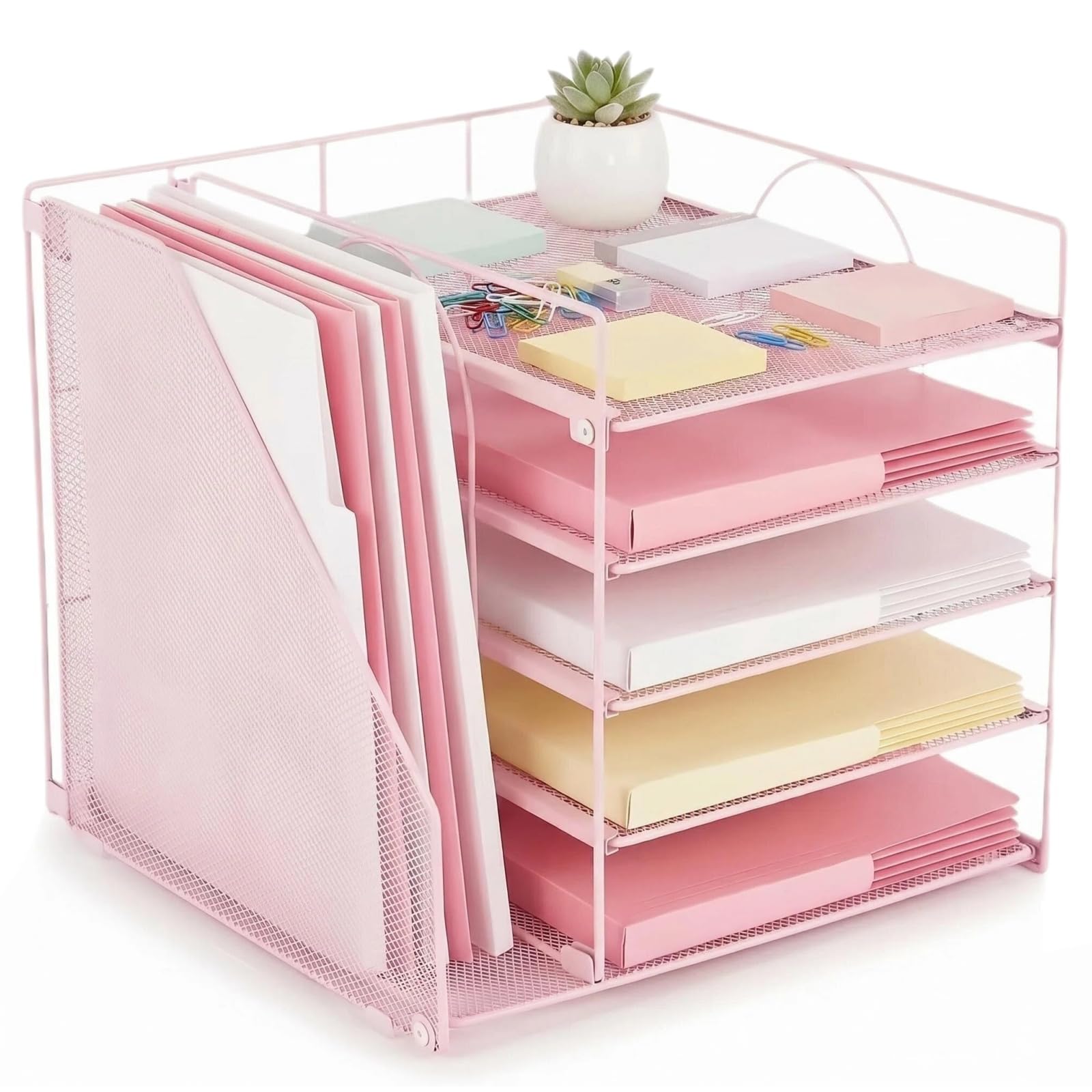 Desk Tidy File Storage Organiser Holder, 5-Tier Paper Letter Tray Organizer with File Holder, Mesh Desk Organiser Letter Tray, Desktop Filing System, for Office, Home, Organization and Storage (Pink)