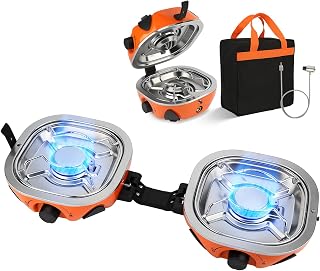 INFOOD Propane Camping Stove 20,000 BTU - Portable 2 Burner Gas Stove with Adjustable Flame Control, Piezo Ignition, Carry Bag & Propane Adapter Hose, Folding Design for Camp, BBQ, Tailgating, Orange