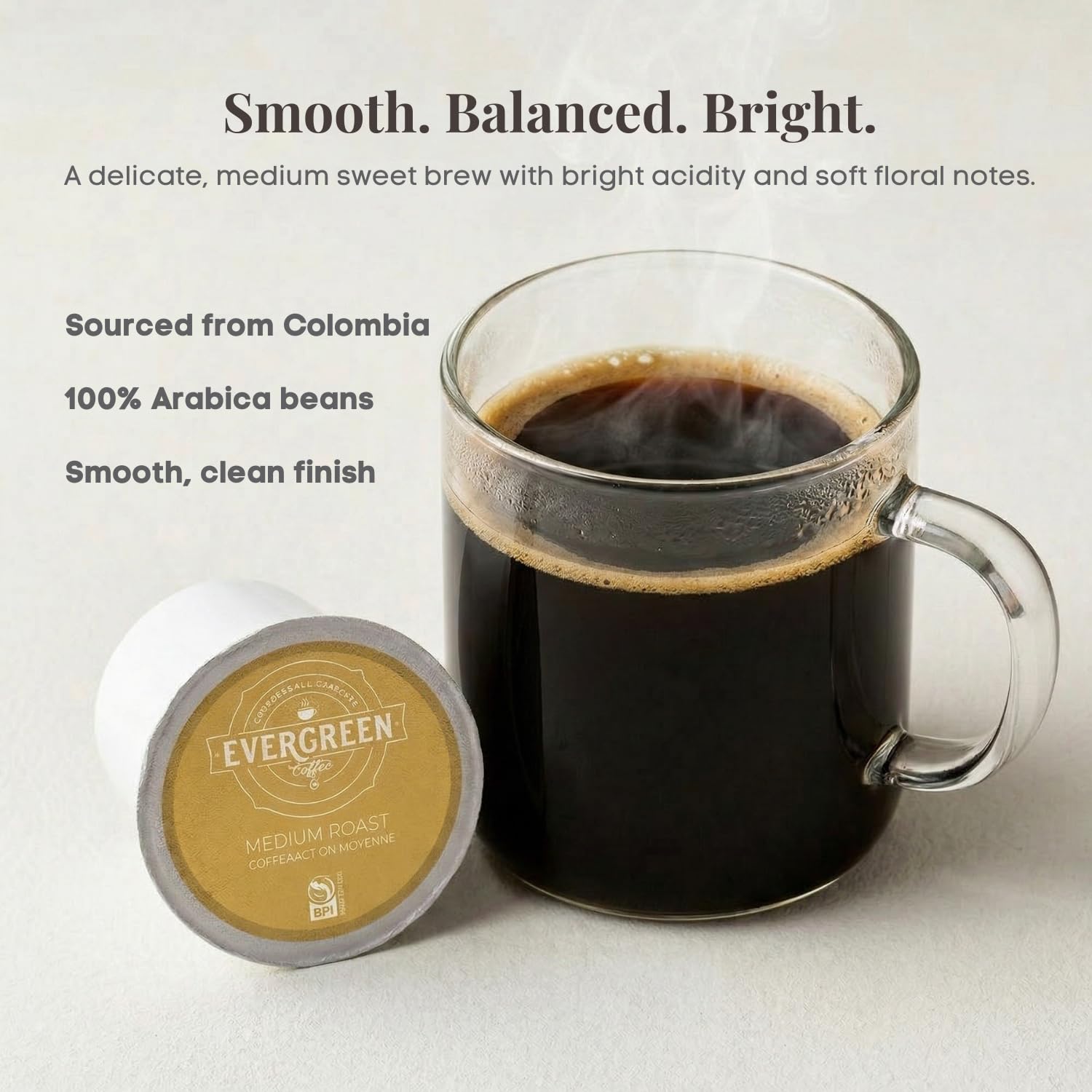 Evergreen Compostable Single Serve Coffee Pods - Medium Roast Medium Blend - 100% Arabica Beans (72 Count)