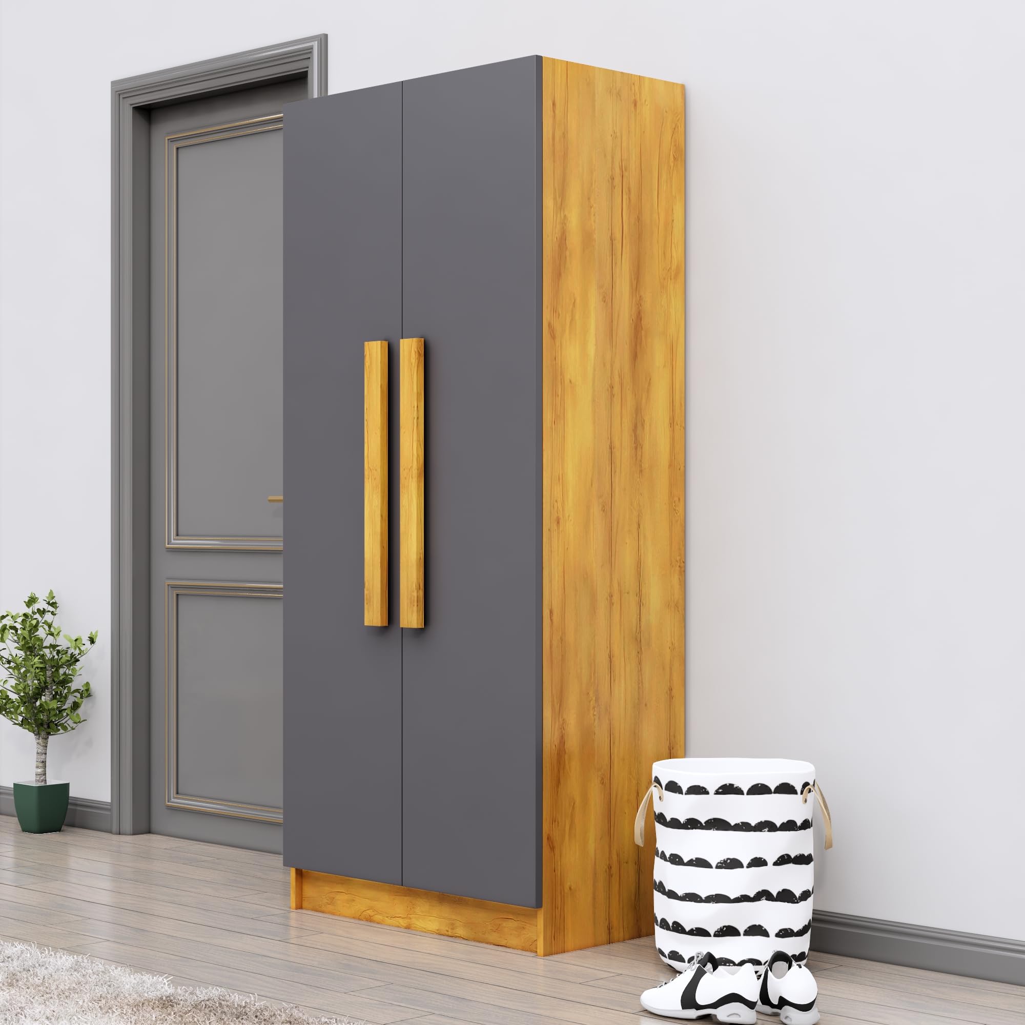 Bniture Wooden Almirah for Clothes, Wardrobe for Bedroom, 2 Door Wardrobe with 4 Shelves Huge Storage Space (46D x 80W x 182H CM) | 3 Year Warranty (Giant Wood & Slate Grey)-image-43