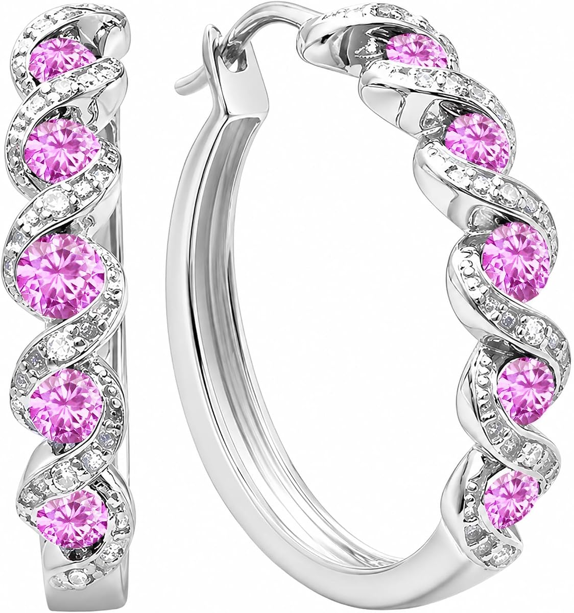 Pendientes de aro con bisagras en forma de remolino de 5 piedras y diamantes naturales blancos Dazzlingrock | Piedra preciosa redonda creada en laboratorio | Mujeres | Plata de ley 925.