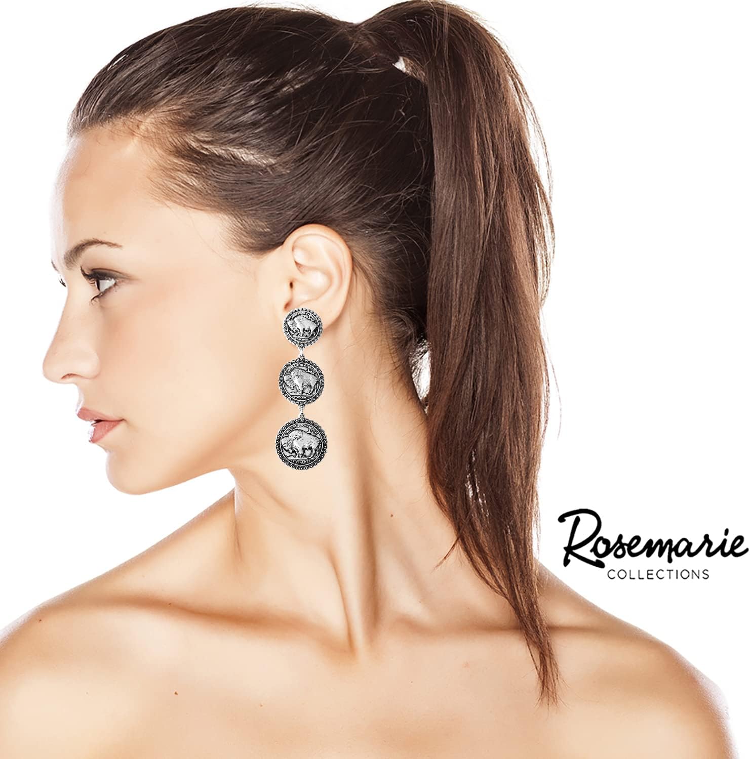 Rosemarie & Jubalee Women's Unique Western Style Burnished Silver Tone Triple Buffalo Coin Hypoallergenic Post Back Dangle Earrings, 3"