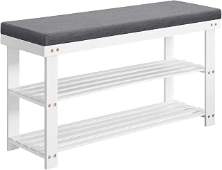 SONGMICS Bamboo Shoe Rack, Shoe Rack with 2 Shelves, Stable Shoe Rack for Corridor, Living Room, Regulator Seat up to 136 kg, 29 x 90 x 49 cm, White and Grey LBS904W01