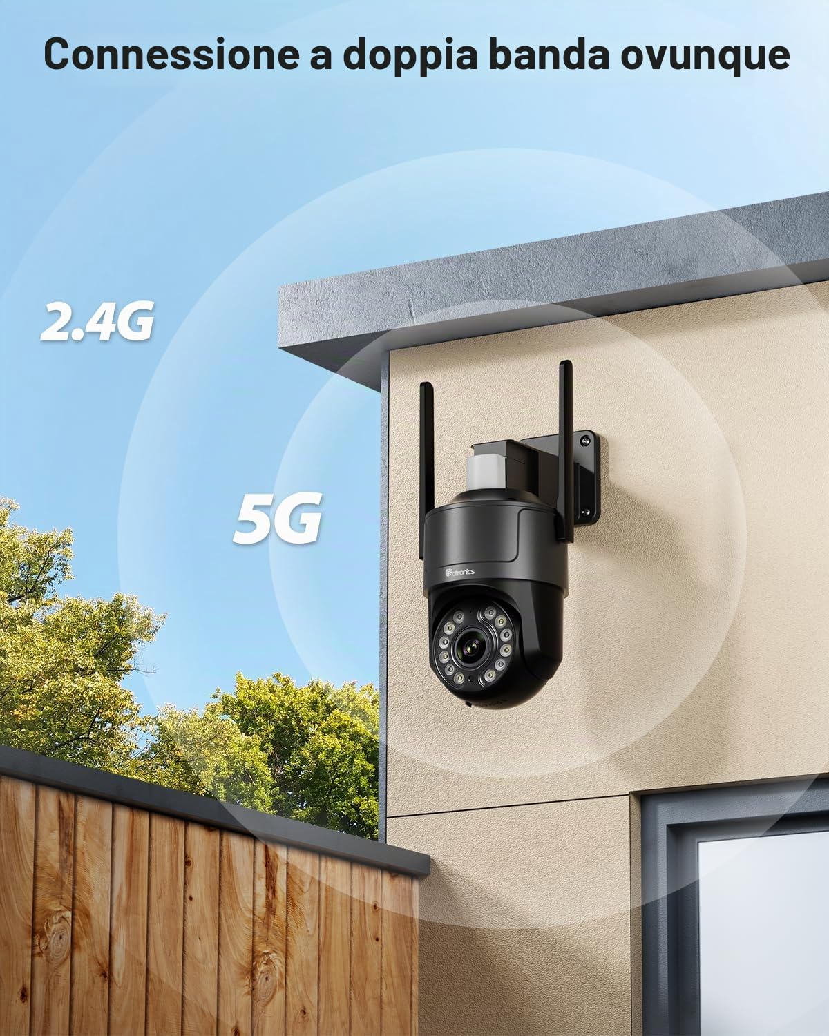 Ctronics 4K Telecamera Esterno con Zoom Ottico 5X,Auto-Tracking, 5G/2,4G | Visione Notturna Colore/IR Starlight 50m, Auto-Tracking, Luce Rossa-Blu & Sirena,Mascheramento Privacy, APP/PC, 256GB/FTP/NAS