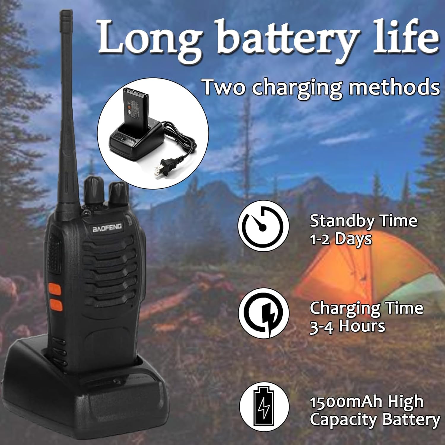 Image showing a BAOFENG BF-888S walkie talkie in its charging base, with icons indicating standby time of 1-2 days, charging time of 3-4 hours, and a 1500mAh high capacity battery.