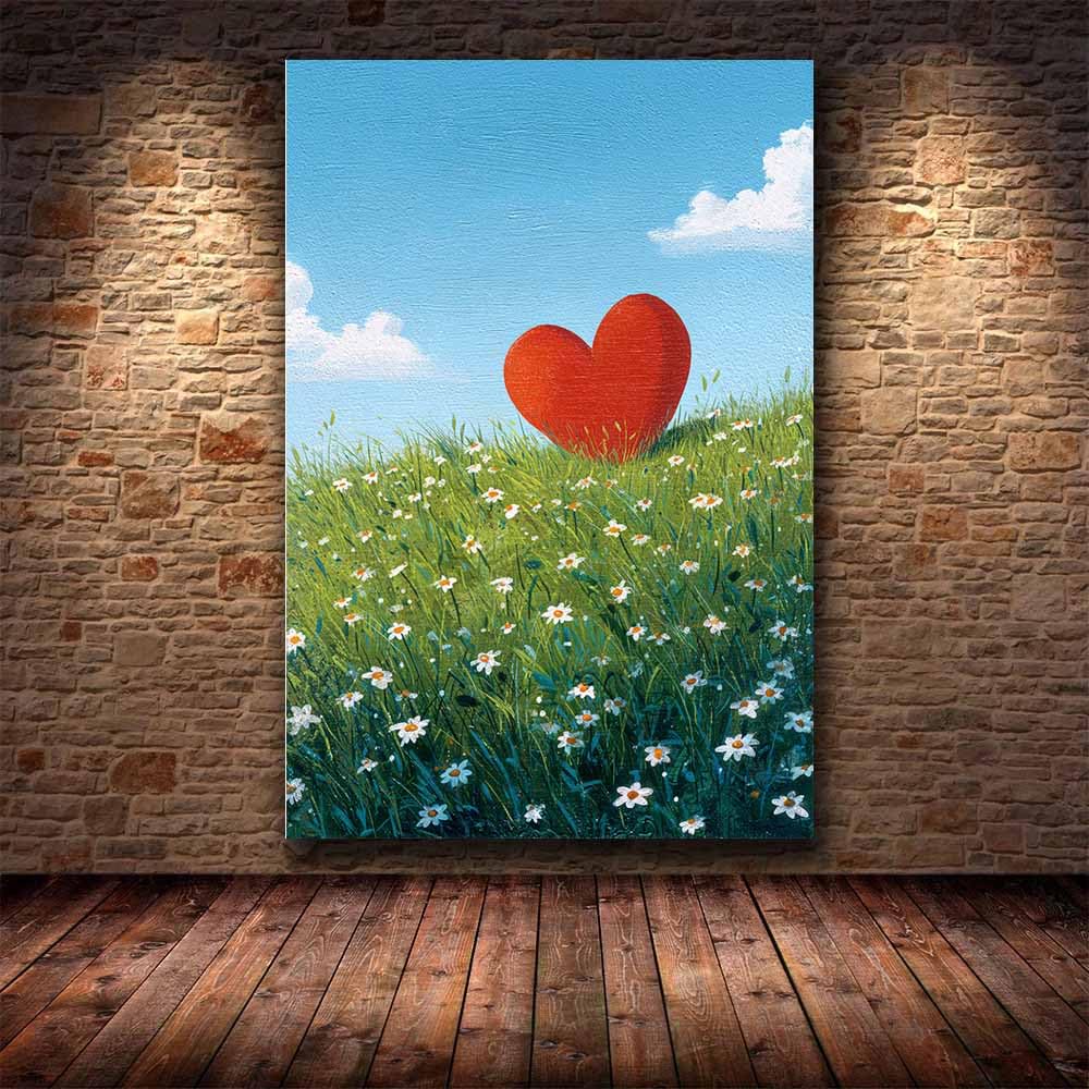 HUYEEI Kocham serce na płótnie serce w polu stokrotki plakat dekoracja ścienna obraz na płótnie malarstwo dekoracja ścienna salon sypialnia korytarz (czerwony)-40x60cm oprawione