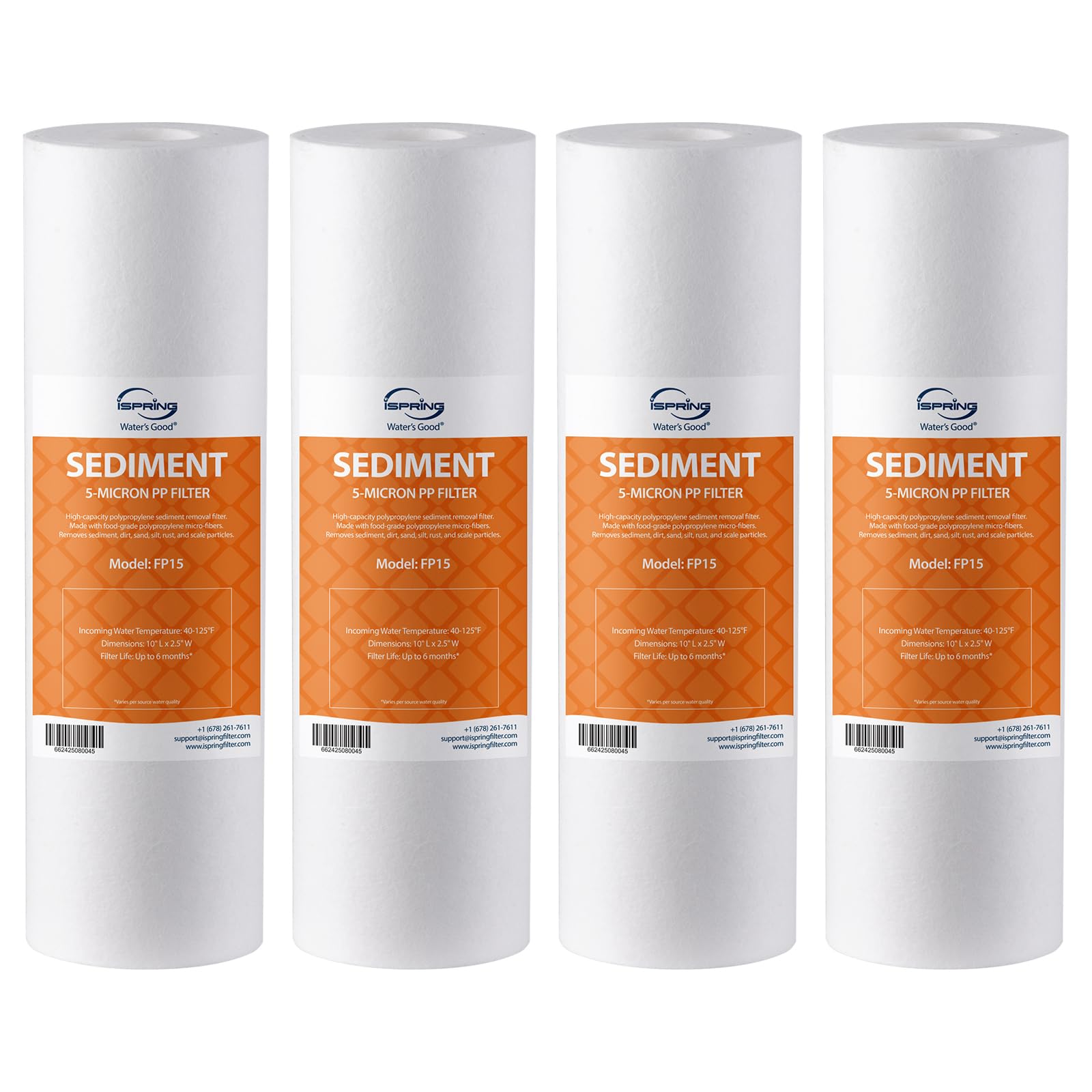 iSpring FP15X4 NSF Certified 10" x 2.5" Universal Sediment Water Filters, 5 Micron Multi-layer Sediment Filter, 4 Pack