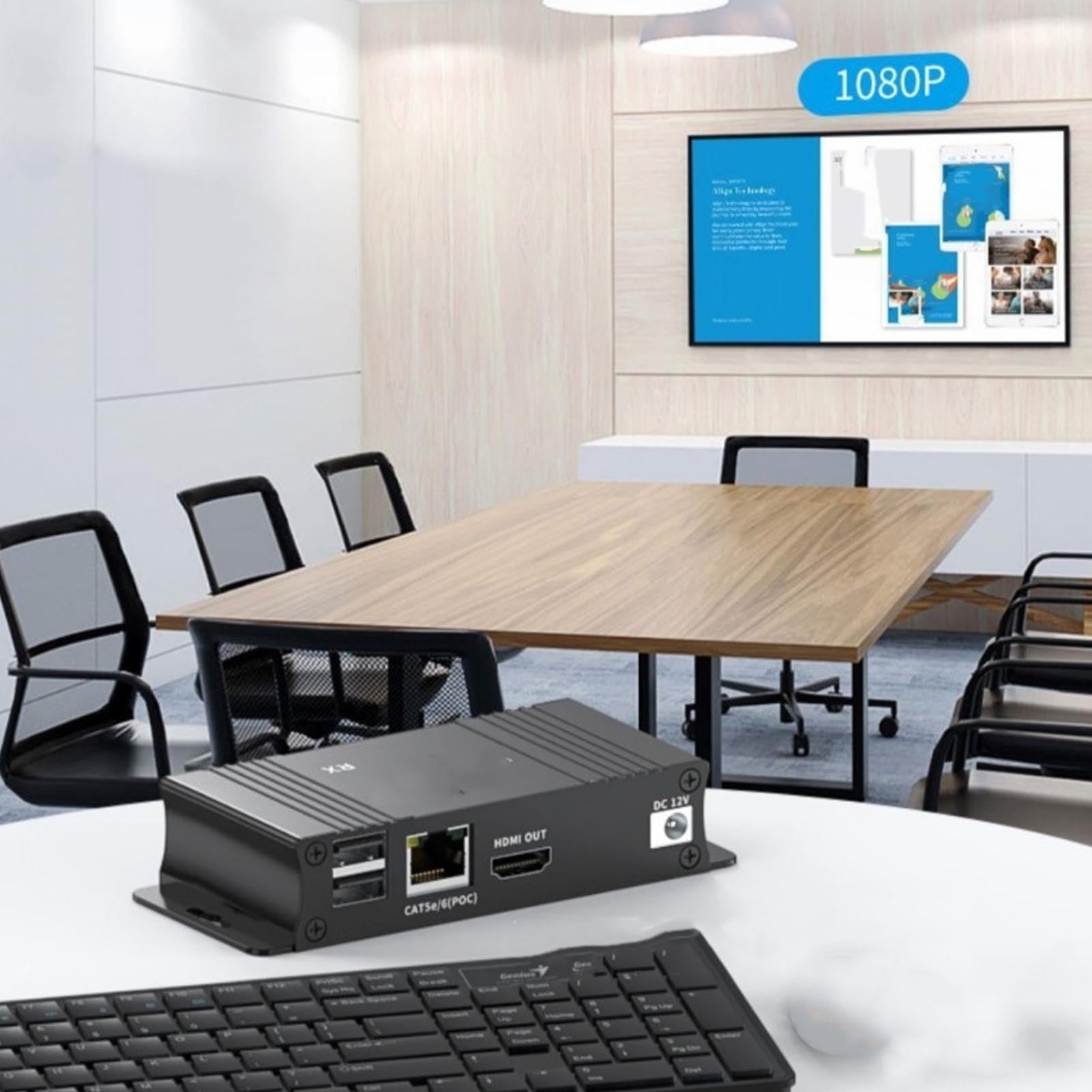 LICAEVEY Extension Ethernet KVM, émetteur Récepteur Multimédia HD 4K 30 Hz 120 M avec Ports USB 2.0 et Technologie POC, pour Contrôle par Ordinateur Via Câble CAT5e/6/7