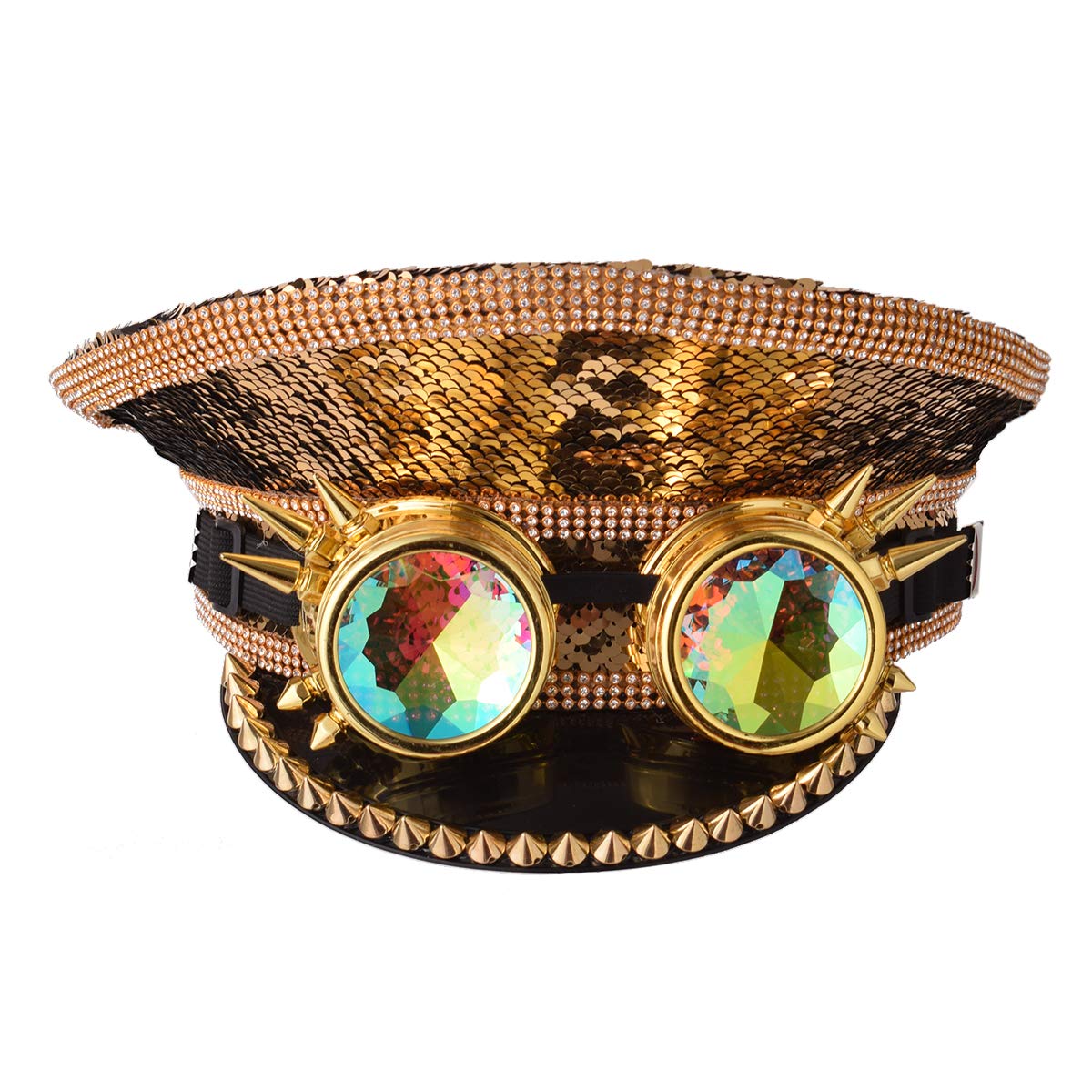 GRACEART Music Festival Burning Man Hat Sequin Military Captain Top Hat Adults Steampunk Headwear Cap with Goggles (Gold-2)