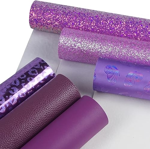 Miniatura 6 de 6 hojas de cuero sintético de 8 x 12 pulgadas, color morado oscuro, purpurina fina y gruesa, holográfica, mariposa, leopardo, litchi, tela de piel