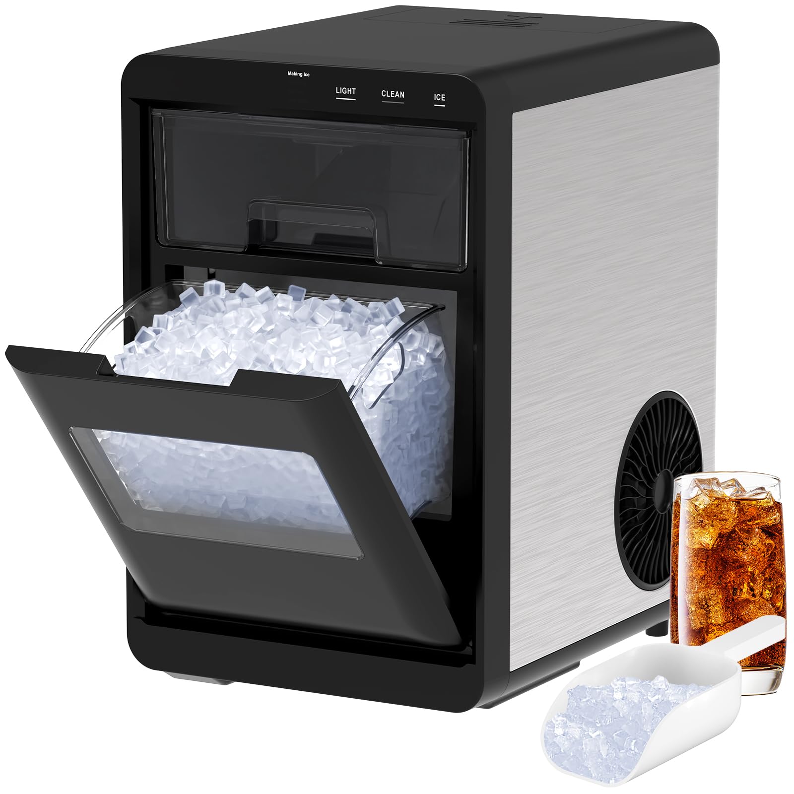 ADVWIN Model 303300 Ice Maker showing fast and efficient ice making with nugget ice, 1.8L water tank, 20kg/24h capacity, and 1.2kg ice basket.