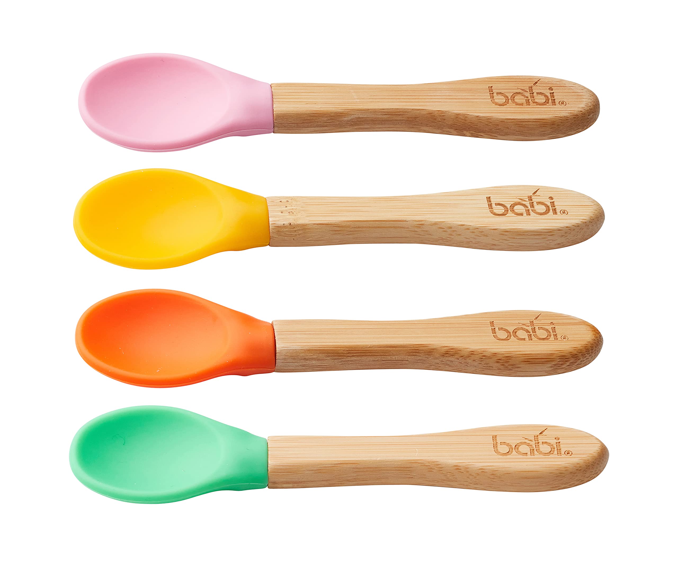 BABIBaby Toddler, Bamboo Feeding Spoons, with Soft Silicone Tips, Perfect for Weaning (Pack of Four) (with Pink)