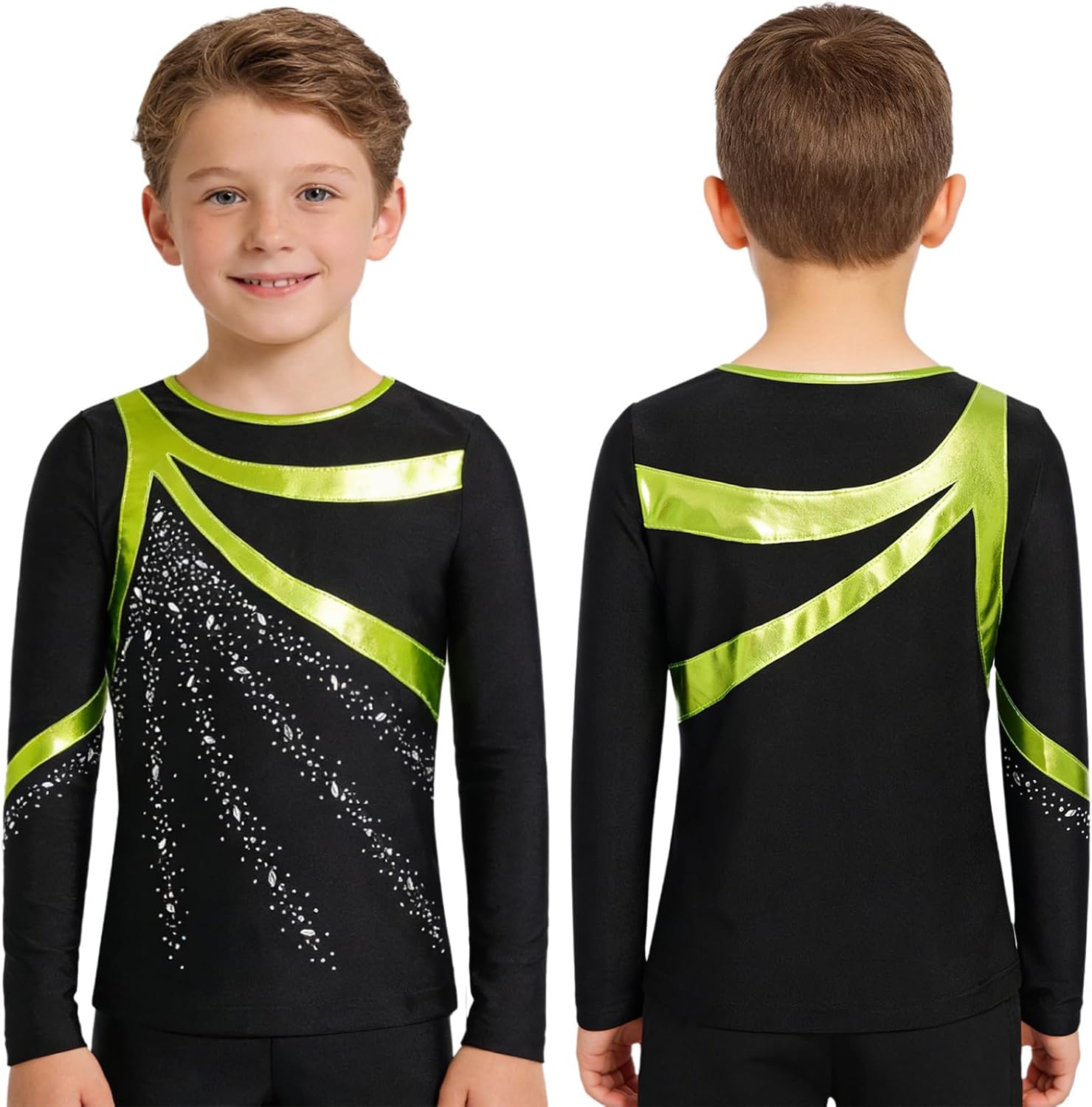 Boys Sparkly Figure Ice Skating T-Shirt Long Sleeve Crew Neck Shiny Stripes Roller Skating Performance Top