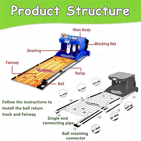 Table Bowling Game, Tabletop Bowling Alley, 10 Pins Mini Bowling Set Toy for Kids & Adults, Perfect for Home, Office and Party