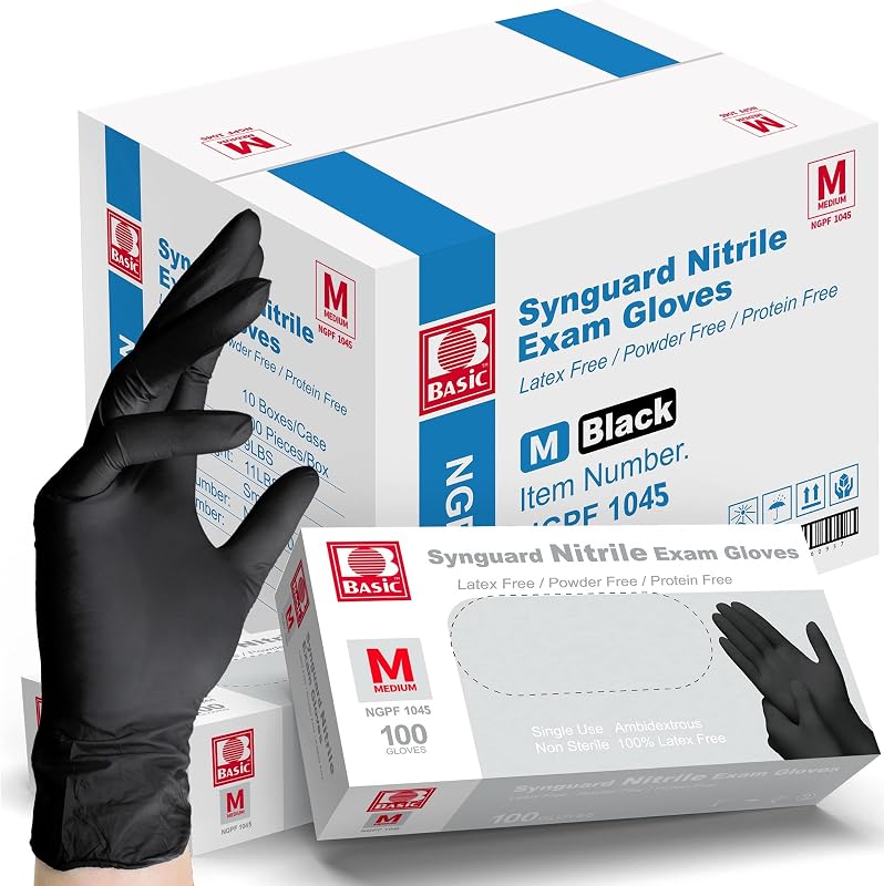 Intco Basic Medical BLACK Nitrile Exam Gloves, 5 Mil,- Latex-Free & Powder-Free, Case of 1000 (Medium-1000)