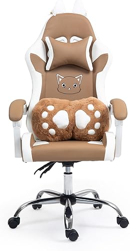 Miniatura 9 de ALEAVIC Silla de juegos con cojín lumbar de pata de gato y orejas de gato, sillas reclinables para computadora de juegos de PC, silla ergonómica
