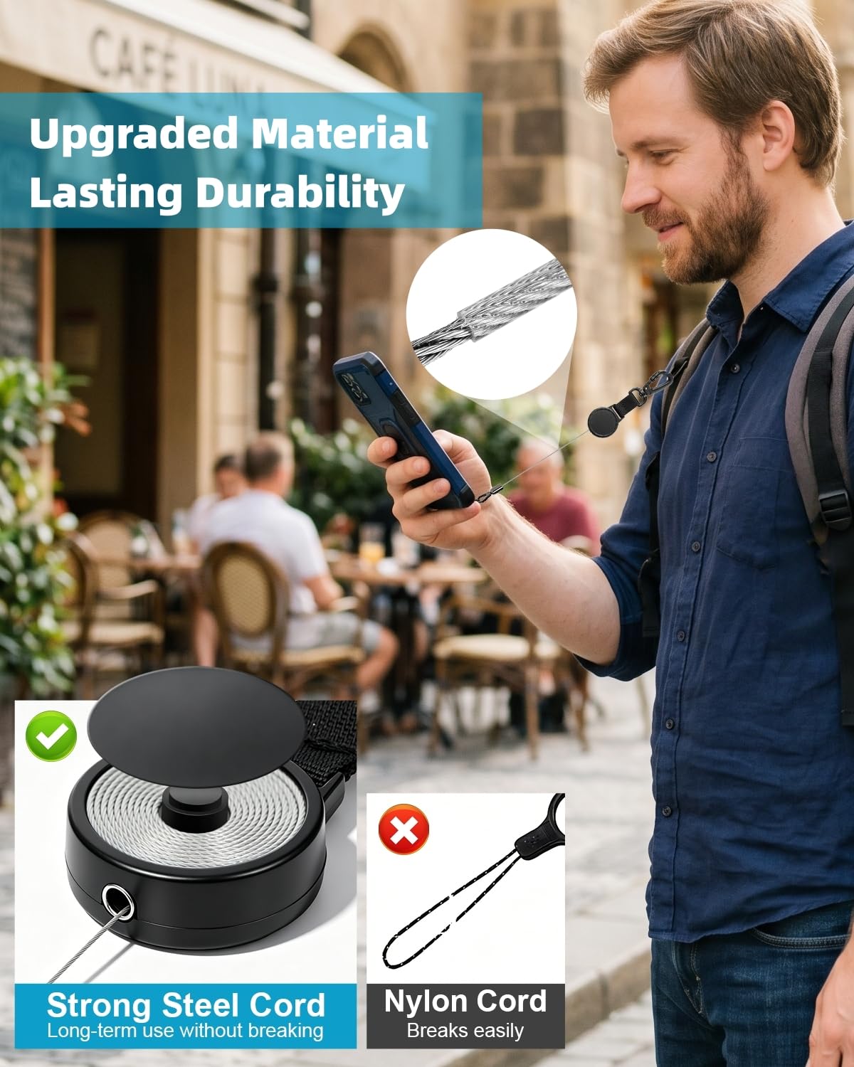 SUPBEE Anti-Diebstahl-Telefon-Haltegurt, einziehbares Handy-Schlüsselband mit Stahlkabel & Verriegelungskarabiner für Reisen, Wandern, Outdoor