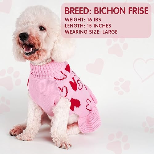 Miniatura 4 de cyeollo Vestido de suéter para perro, ropa de San Valentín, cuello alto con agujero para la correa, patrón de corazón, tema festivo, ropa para