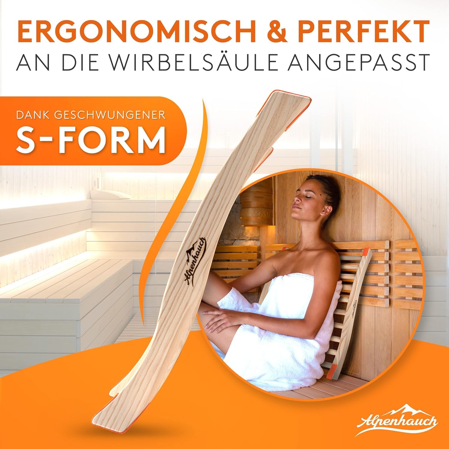ALPENHAUCH Oparcie do sauny ze 100% naturalnego drewna [2 sztuki] – ergonomiczne oparcie w kształcie litery S – eleganckie akcesoria do sauny, kabina na podczerwień – wygodne oparcie kabina na