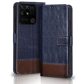 TheGiftKart Dual-Color Leather Finish Realme Narzo 50A Flip Back Cover | Inbuilt Stand & Pockets | Wallet Style Flip Cover Case for Realme Narzo 50A (Blue & Brown)