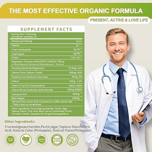 Miniatura 4 de Gomitas de glicinato de magnesio de 500 mg, suplemento de magnesio y potasio sin azúcar con vitamina D, B6, CoQ10 para un estado de ánimo tranquilo