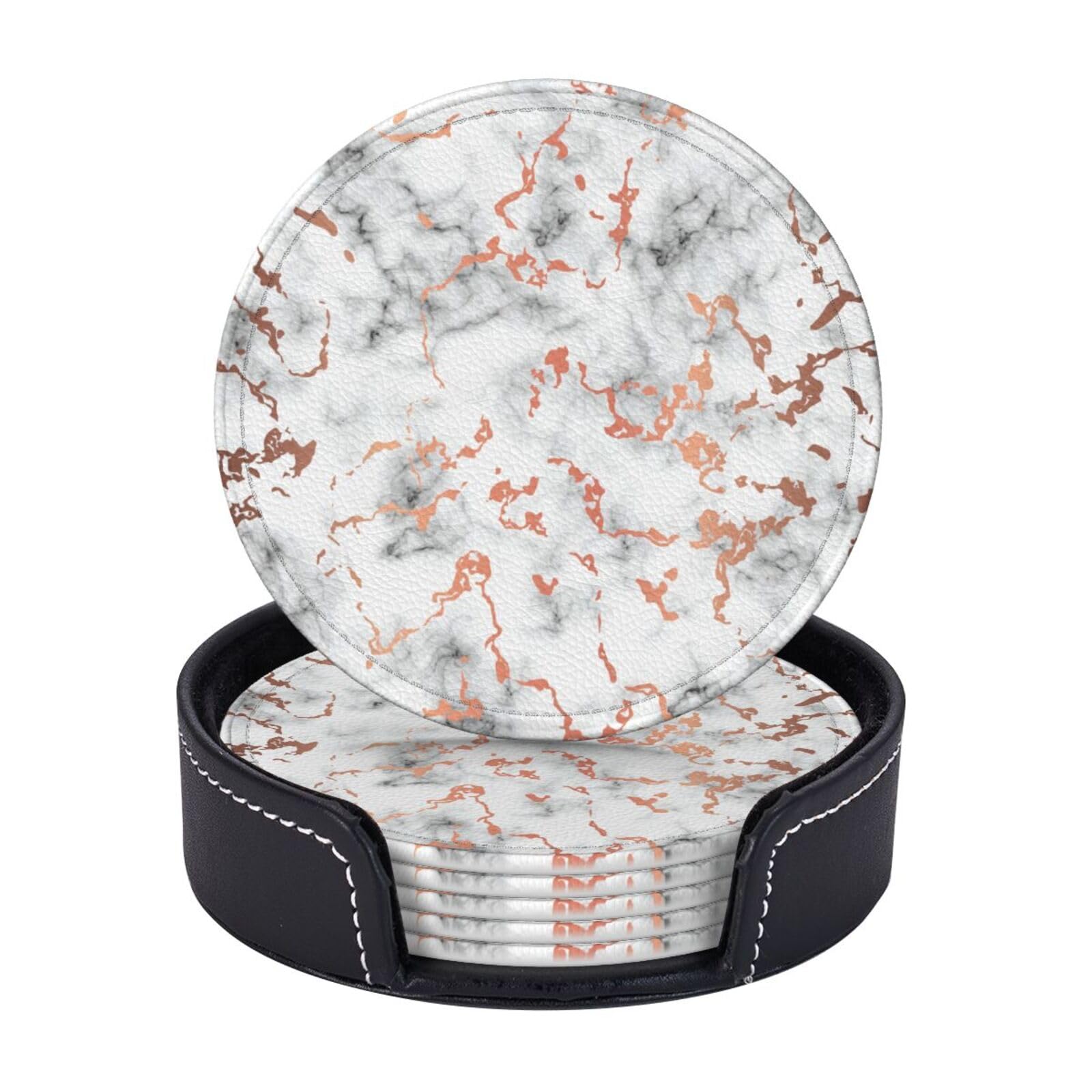 Set 6 Sottobicchieri In Pelle Effetto Marmo Bianco - Rotondi Da 9.7 Cm Con Supporto Per Tazze E Bicchieri