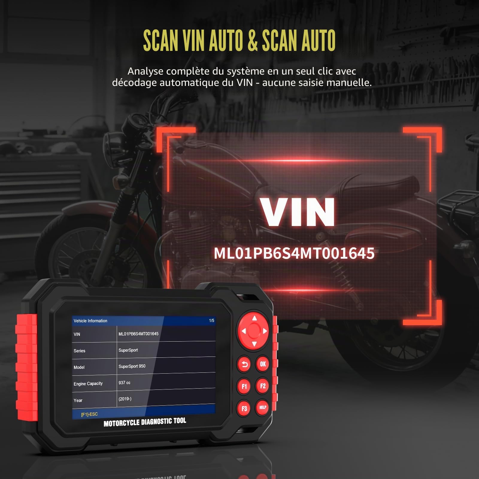 Scanner Diagnostic Moto multisystème écran 5" IPS données en Direct | Diagnostic ECM ABS TPMS IMMO, 19 langues, 70+ marques moto, 100+ fonctions service, reconnaissance VIN auto
