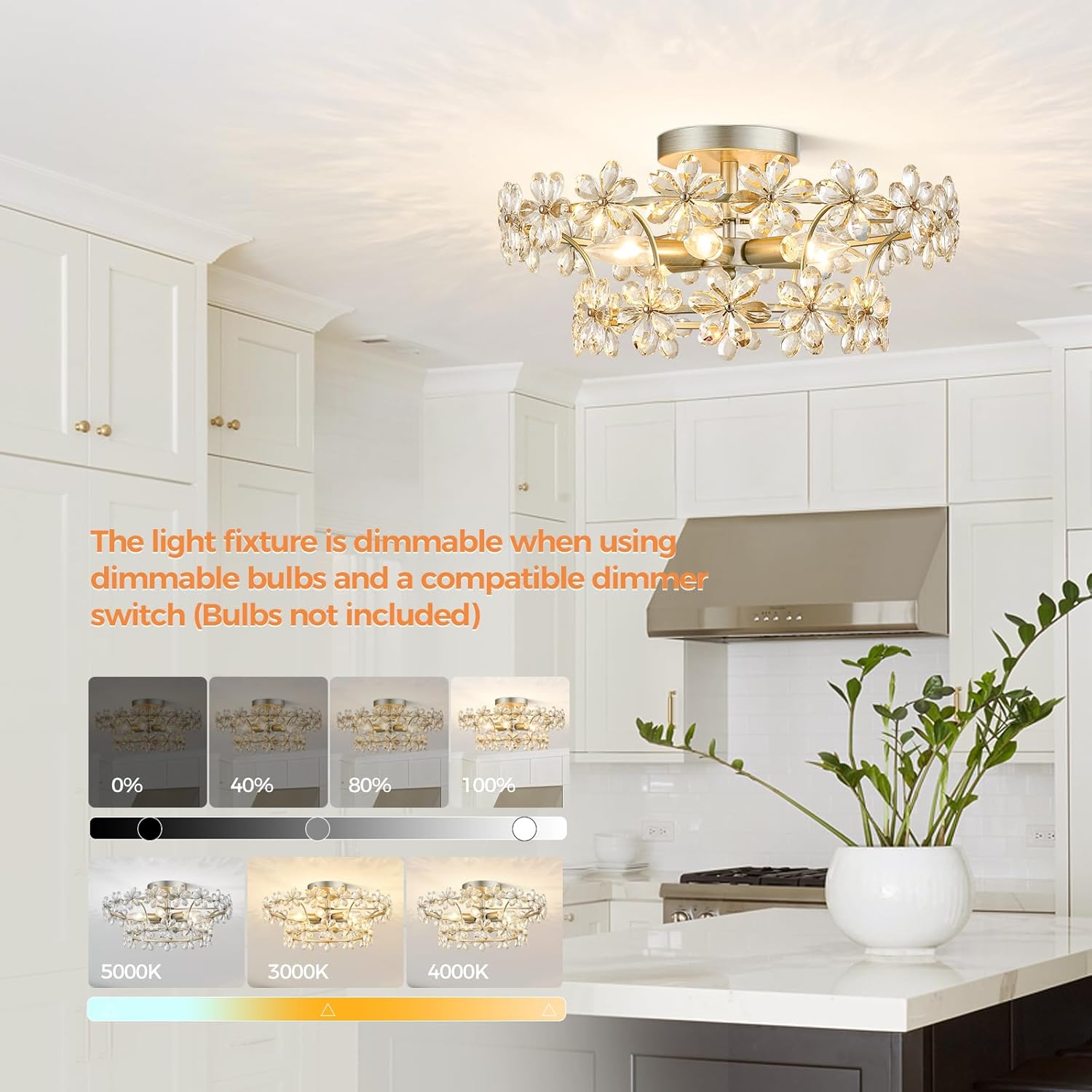 Flower Crystal Chandelier, Modern Floral Semi Flush Mount Ceiling Light, 19.1 Inches 6 Light Dining Room Light Fixtures Over Table, Ceiling Lamp for Bedroom Room, Living Room, Entryway