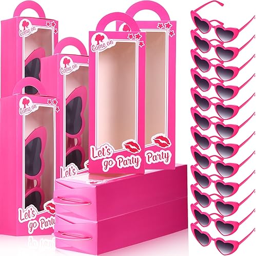 Resurhang El juego de 24 cajas de regalo de princesa rosa intenso incluye 12 cajas de regalo de fiesta para niñas, 12 lentes de sol de corazón rosa,