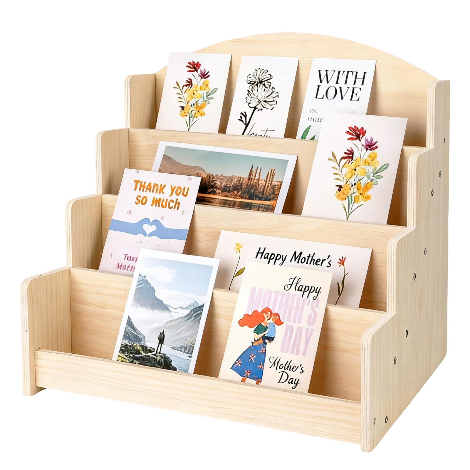 GAESHOW Kartenständer, Postkartenständer, Holz kartenaufsteller Postkartenhalter, 4 Etagen Postkarten Aufbewahrung Display Ständer für Grußkarten, Kartenaufkleber, Broschüren