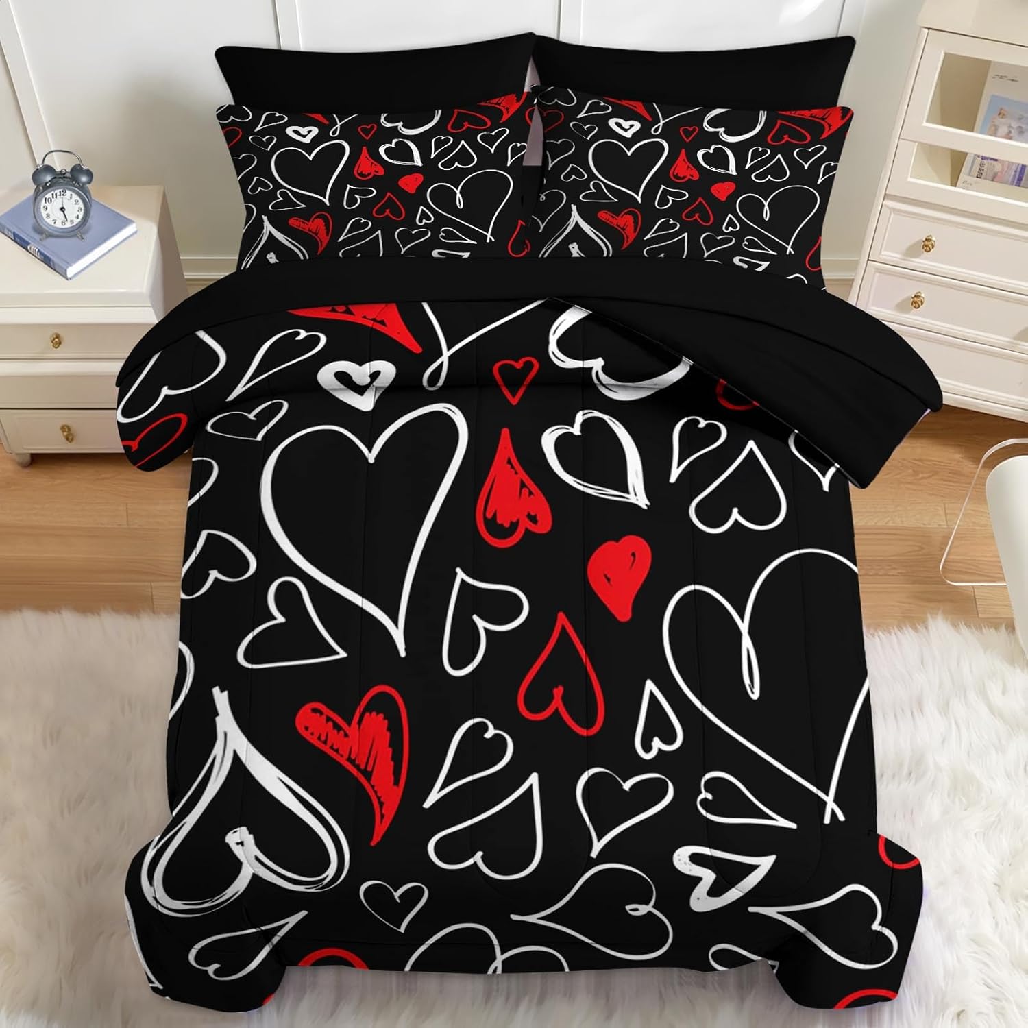 Nesker Comforter Set Full Size, Heart Love Red Black 7 Pcs Bedding for Kids and Adults, My Happy Valentine Bed Sheet Sets with Fitted Sheet 2 Pillowcases & 2 Shams Full Red Black Heart
