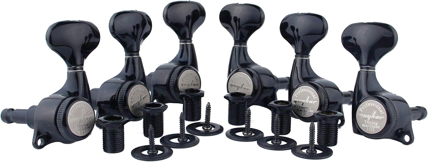 Guyker Guitar Locking Tuners (3L + 3R) - 1:21 Lock String Tuning Key Pegs Machine Head Set Replacement for ST TL SG LP Style Electric, Folk or Acoustic Guitars – Black