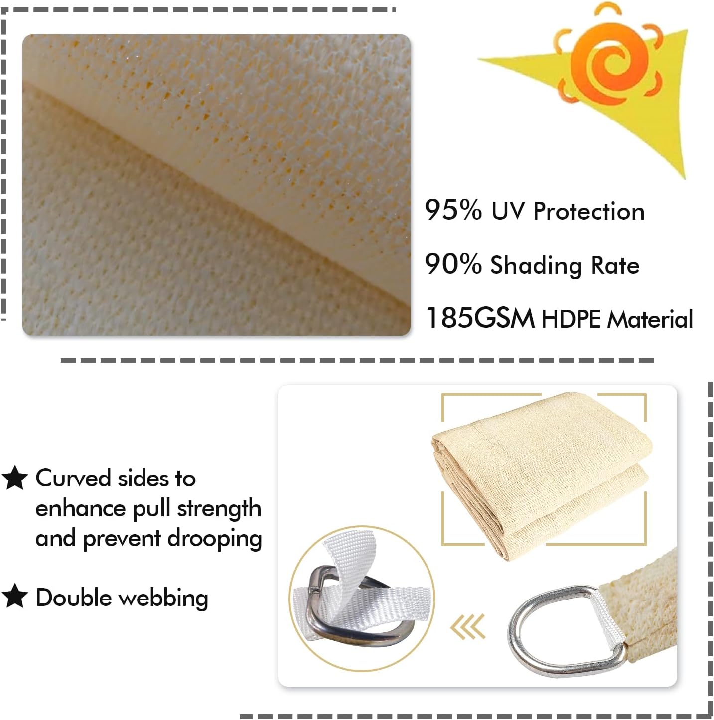 KANAGAWA 6'X6'X6' Customize Sun Shade Sail Cream Trangle UV Block Canopy Awning Shelter Fabric Cloth Screen for Outdoor Patio Garden Backyard Activities(VCCM)
