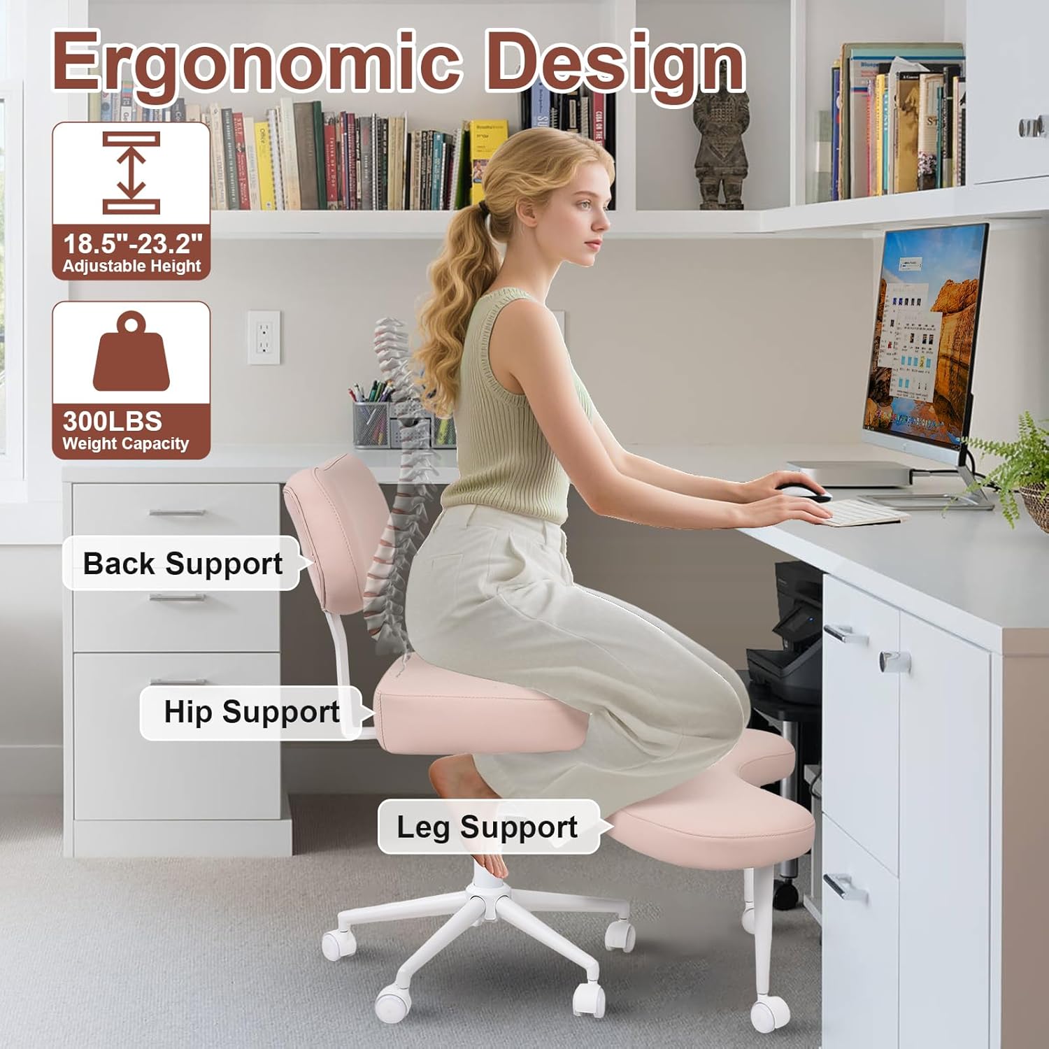 Meditation Chair, Cross Legged ADHD Office Chair for Adults with Wheels Ergonomic Back Support and Leg Rest for Multi Position Criss Cross Sitting Kneeling and Yoga Height Adjustable, Leather Style
