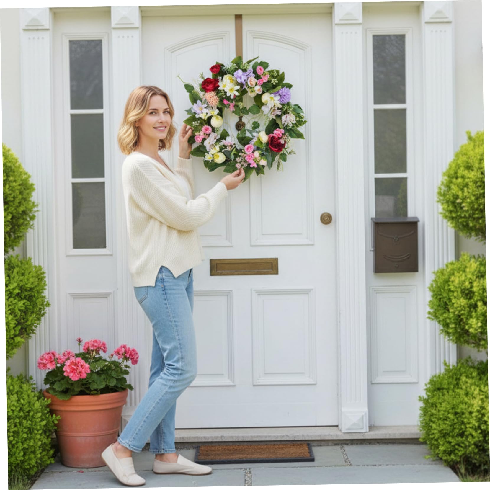 Ghirlanda floreale Ghirlanda di fiori di seta artificiale da 16 pollici con peonia e giglio per decorazioni per la casa tutto l'anno, fiori