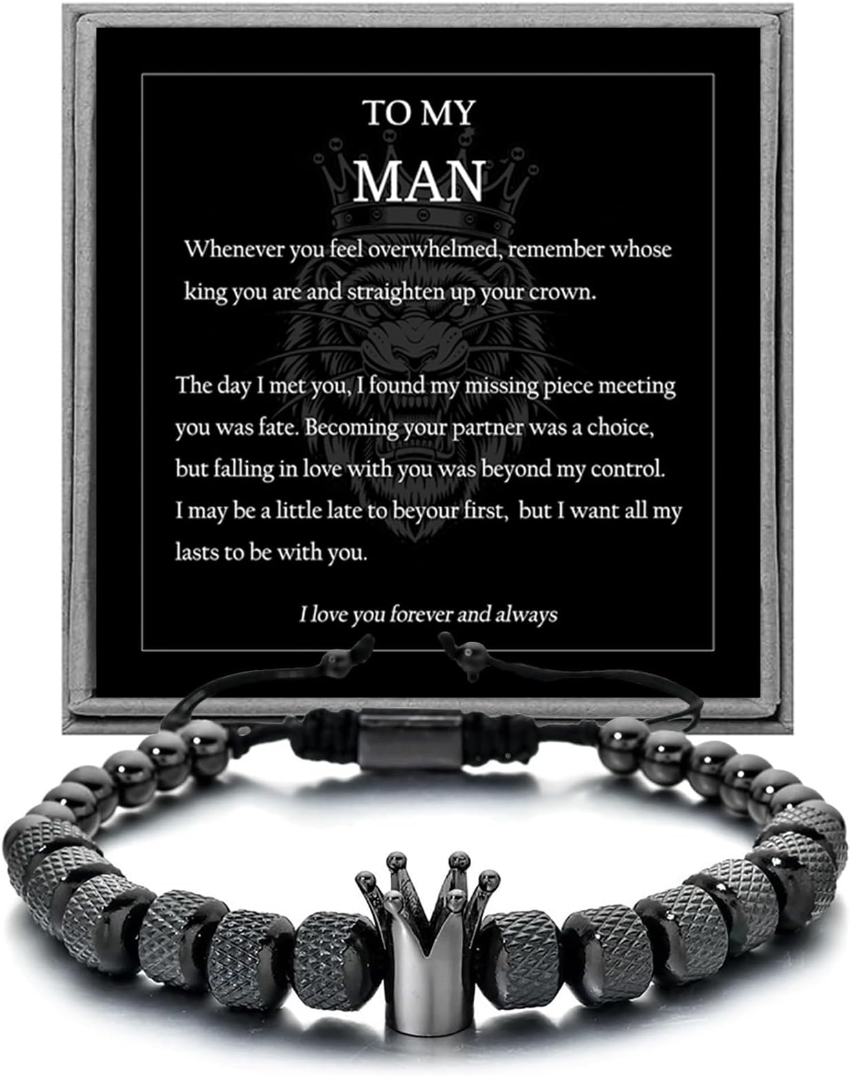 Adjustable 𝗚𝗶𝗳𝘁𝘀 𝗳𝗼𝗿 𝗠𝗲𝗻 To My Man Bracelet- Straighten Your Crown for Boyfriend Husband, Adjustable Bead Men's Stainless Crown Anniversary Christmas Gifts for Men