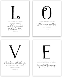 Scriptionery LOVE Scripture Wall Art Set of 4 - 1 Corinthians 13 Bible Verse Prints, 8x10 Unframed Black White Christian Decor for Bedroom Living Room