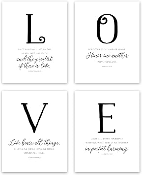 LOVE Scripture Wall Art Set of 4 - Christian Home Decor Bible Verse Prints 1 Corinthians 13-8x10 Unframed Black White Posters for Bedroom Living Room - Brush Calligraphy on Premium Cardstock