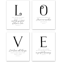 Love Wall Decor - Inspirational Scripture Wall Art - Handwriting Typography Art - Christian Wall Decor 4 Piece Wall Art Set1 Corinthians 13 Wall Art Romans 12 10 Colossians 3 14 Modern