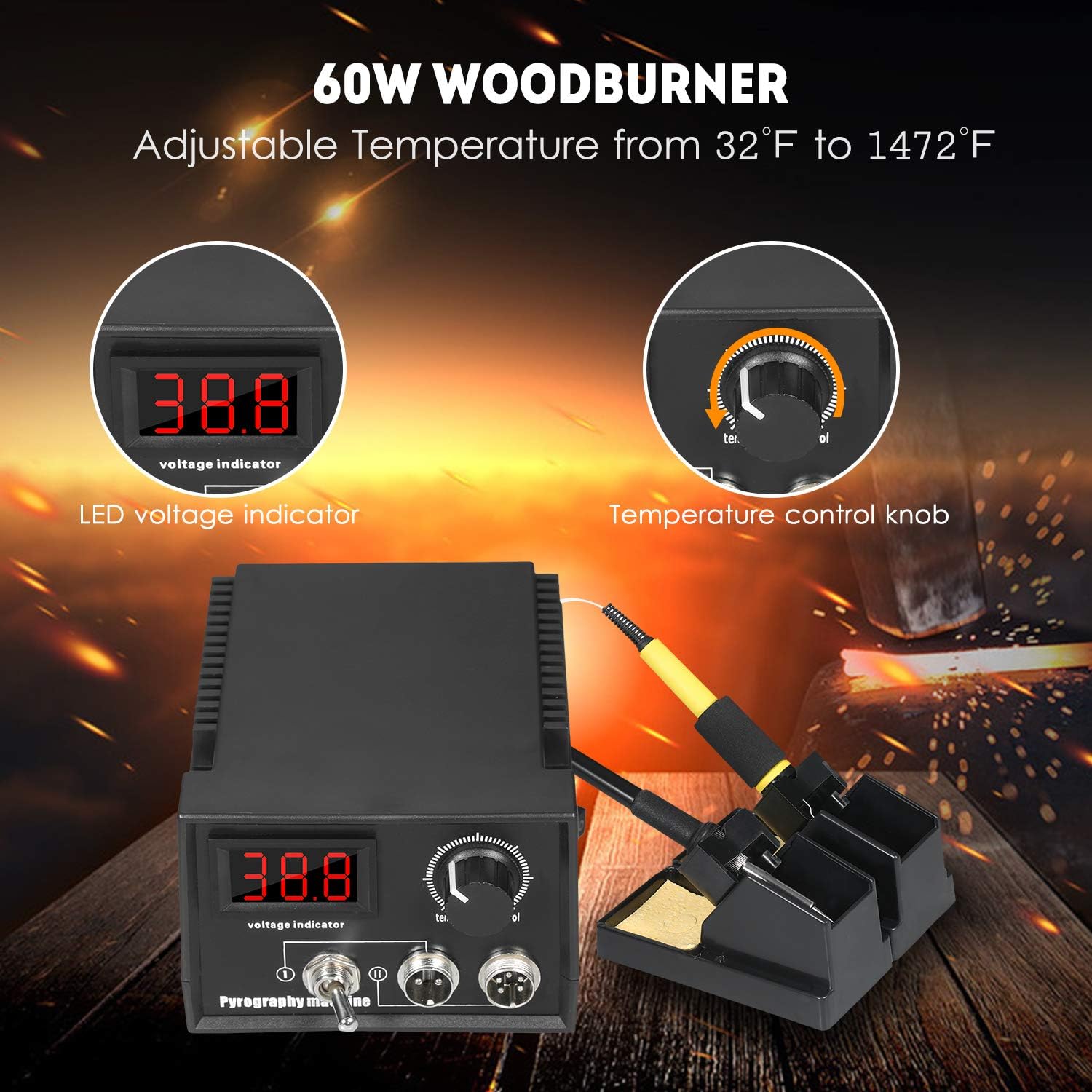 60W 110V 55-Piece Woodburner Pyrography Wood Leather Burning Tool Kit Adjustable Temperature ℉ to 1472℉ Electric Soldering Iron Plastic Welding Tool Kit with Stencils and