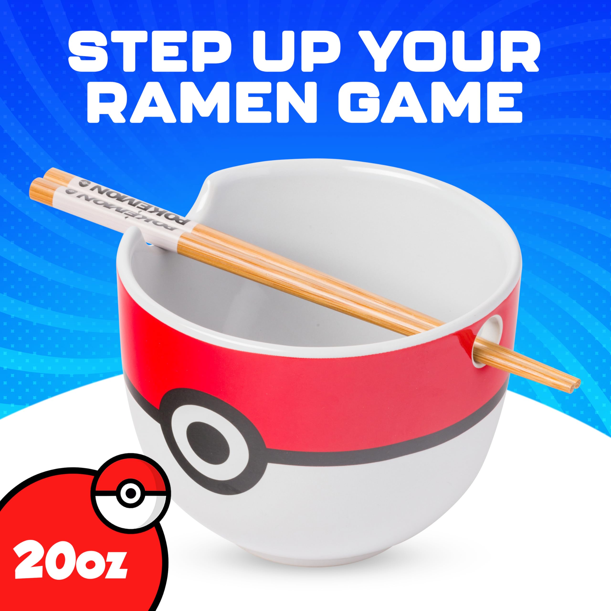 Silver Buffalo Pokemon Pokeball Ramen-Nudelschale aus Keramik mit Essstäbchen, mikrowellengeeignet, 590 ml